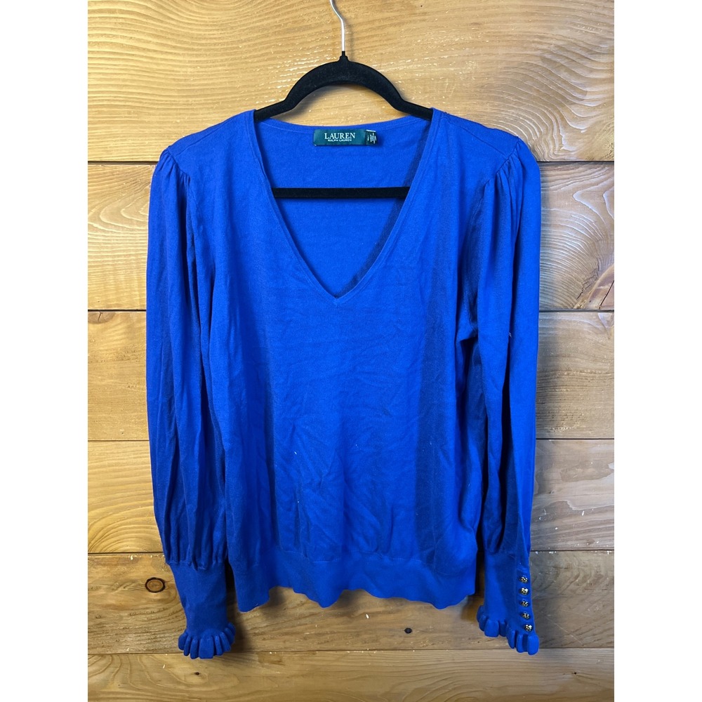 Ralph Lauren Royal Blue Knit Sweater‎ Long Sleeve Ruffle Cuff Gold Button Large